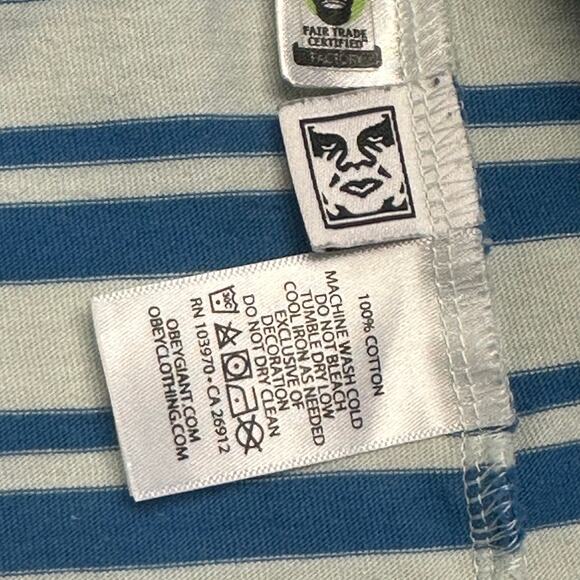 Andre‎ the Giant Obey Blue White Striped Mens M Embroidered Sun T-Shirt Medium - Picture 5 of 9